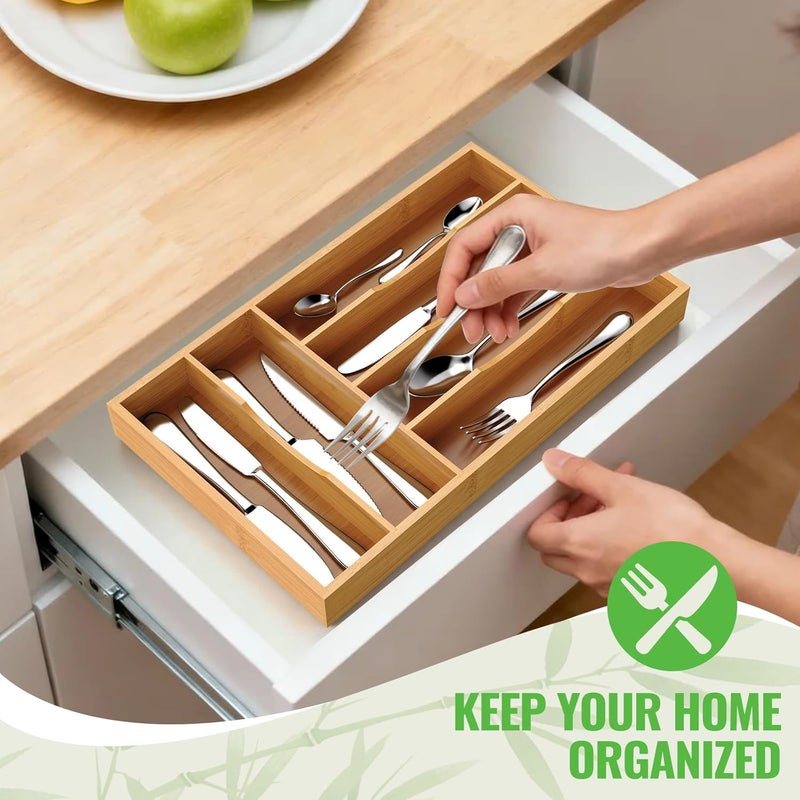 Bayting Bamboo Silverware Organizer, Bamboo Kitchen Drawer Cutlery Organizer, Utensil Holder, Flatware Organizer Tray (15.8"x9.5"x1.6") - Image 4